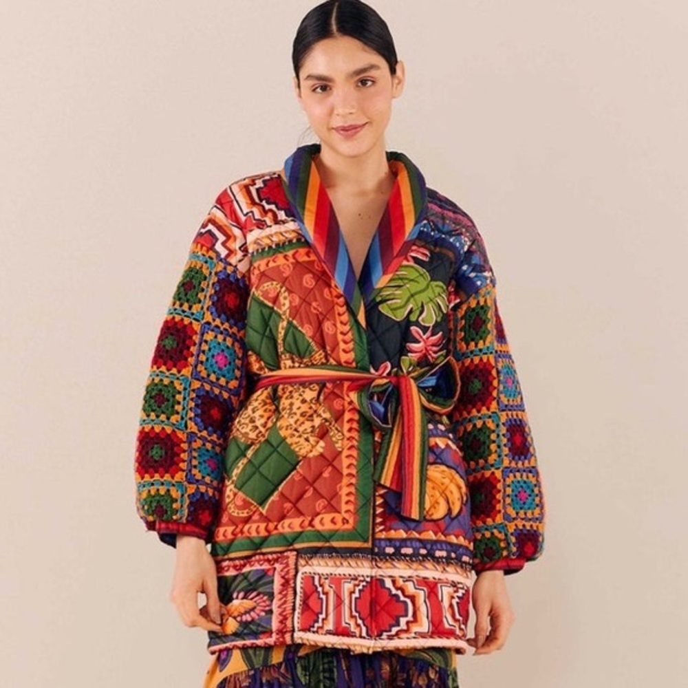 NWT Farm Rio Patchwork Tapestry Crochet Sleeve Puffer Coat Size M